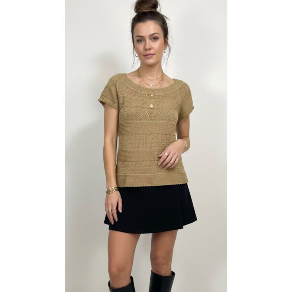 ✨ Lauren Ralph Lauren Gold Metallic Silk Blend Knit Top Womens Size M ✨